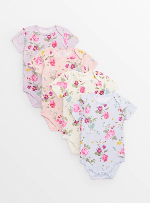 Floral Bloom Pastel Short Sleeve Bodysuits 4 Pack Up to 1 mth